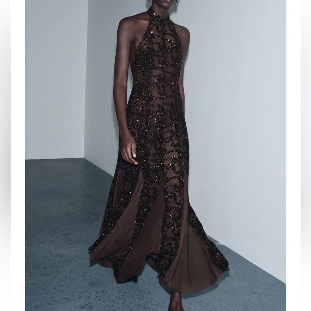 NWT Zara Elegant Brown Sequin Halter Dress - Picture 3 of 10